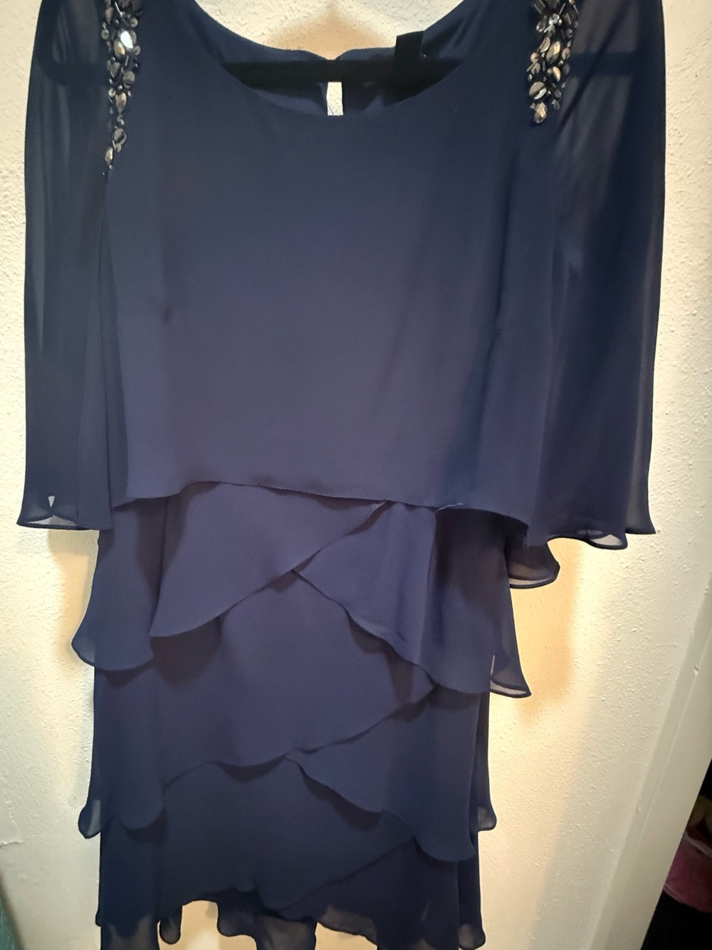 SLNY Navy Evening Dress with Shoulder Embellishments